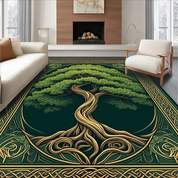 Flatwoven High Traffic Area Rug, Tree Of Life Norse Mythology Inspired Geometric Design, Non Slip, Stain Resistant, Washable Area Rugs for Living Room, Bedroom(Green, 2X3)