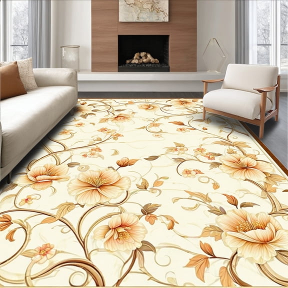 ODIKA 4'x6' Machine Washable Non-Slip Area Rug, Trendy with Unique Floral Motif and Subtle Color Palette High Traffic Rug, Beige, 65414