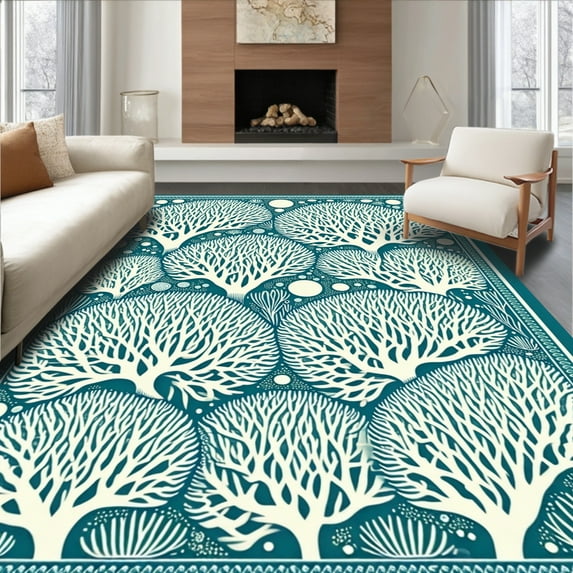 ODIKA 4'x6' Machine Washable Non-Slip Area Rug, Tropical with Artistic Teal Coral and Background High Traffic Rug, Blue, 65800