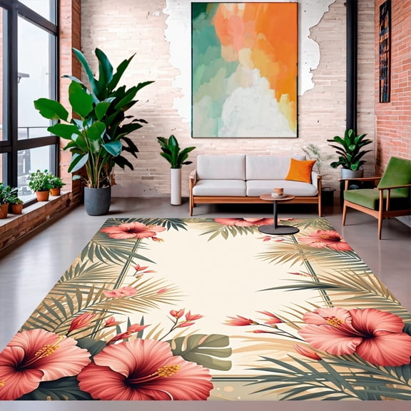 ODIKA 4'x6' Machine Washable Non-Slip Area Rug, Tropical Bloom Exotic Floral High Traffic Rug, Coral, 222442