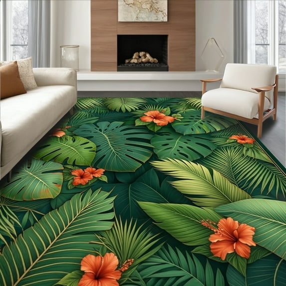 ODIKA 6'x9' Machine Washable Non-Slip Area Rug, Tropical Canopy Verdant Leaf Artistic Floor Covering High Traffic Rug, Green, 281808