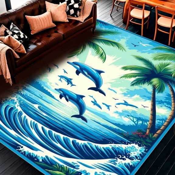 ODIKA 8'x10' Machine Washable Non-Slip Area Rug, Tropical Style with Waves and Dolphins High Traffic Rug, Blue, 155126
