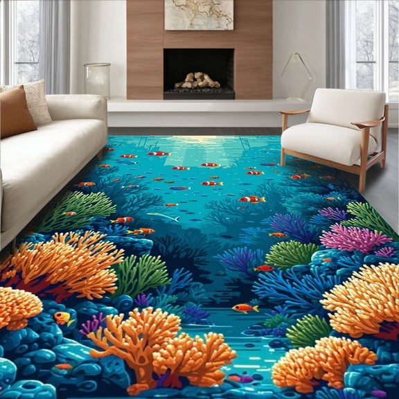 Flatwoven High Traffic Area Rug, Tropical Fish Abstract, Non Slip, Stain Resistant, Washable Area Rugs for Living Room, Bedroom(Aqua, 8X10)