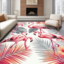 Flatwoven High Traffic Area Rug, Tropical Flamingo Grey and Pink Design, Non Slip, Stain Resistant, Washable Area Rugs for Living Room, Bedroom(Pink, 4X6)