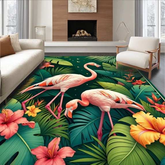 ODIKA 3'x5' Machine Washable Non-Slip Area Rug, Tropical Flamingo Oasis Exotic Summer Doormat for Patio High Traffic Rug, Green, 99173