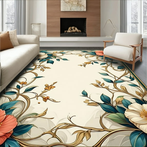 ODIKA 5'x7' Machine Washable Non-Slip Area Rug, Tropical Floral Easy Clean High Traffic Rug, Beige, 60630