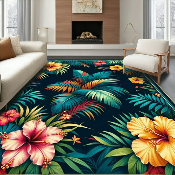 ODIKA 6'x9' Machine Washable Non-Slip Area Rug, Tropical Foliage Medallion High Traffic Rug, Yellow, 259110