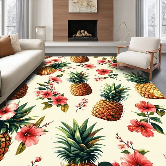 ODIKA 8'x10' Machine Washable Non-Slip Area Rug, Tropical Garden High Traffic Rug, Beige, 86890