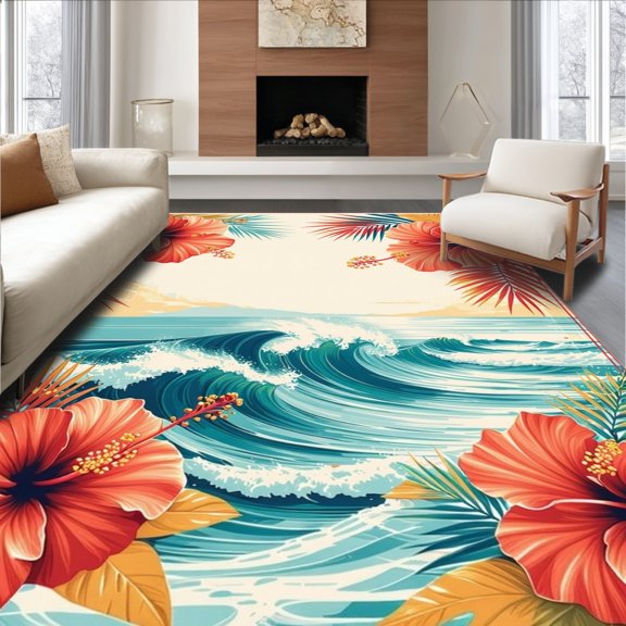 ODIKA 2'x3' Machine Washable Non-Slip Area Rug, Tropical Hawaii Inspired Circular With Bold Hibiscus and Wave High Traffic Rug, Red, 171004