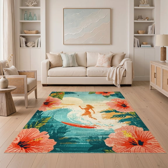 ODIKA 5'x7' Tropical Hibiscus Surfboard Artwork Area Blue Washable Rug Non-Slip, Low Pile, Stain Resistant for Guest Room, Lounge, Apartment