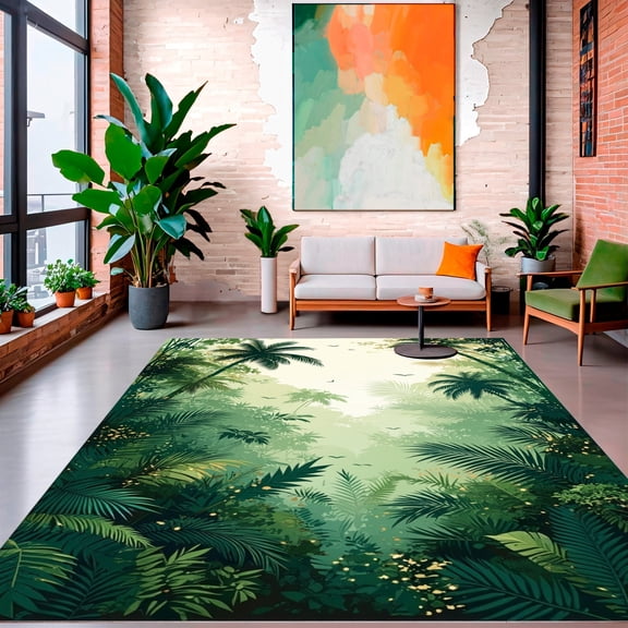 ODIKA 8'x10' Machine Washable Non-Slip Area Rug, Tropical Jungle with Abstract Palm Leaves and Vines Layout High Traffic Rug, Green, 156471