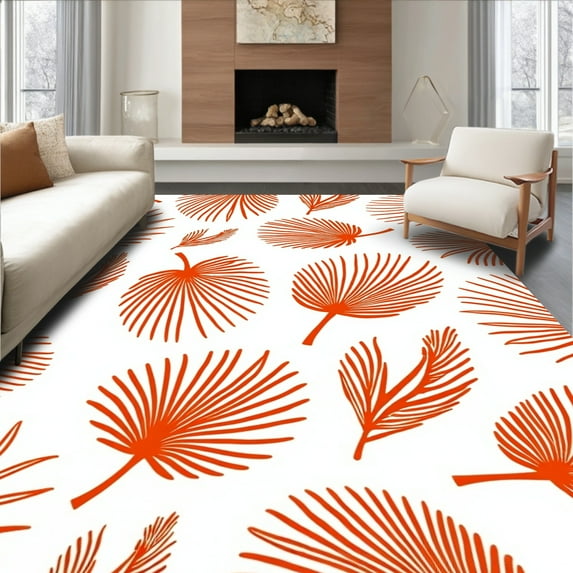 ODIKA 6'x6' Machine Washable Non-Slip Area Rug, Tropical Leaf Botanical Illustration High Traffic Rug, Orange, 393121