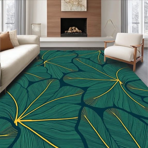 ODIKA 6'x9' Machine Washable Non-Slip Area Rug, Tropical Leaf Medley With Interlocking Fronds And Exotic Vines High Traffic Rug, Green, 416846
