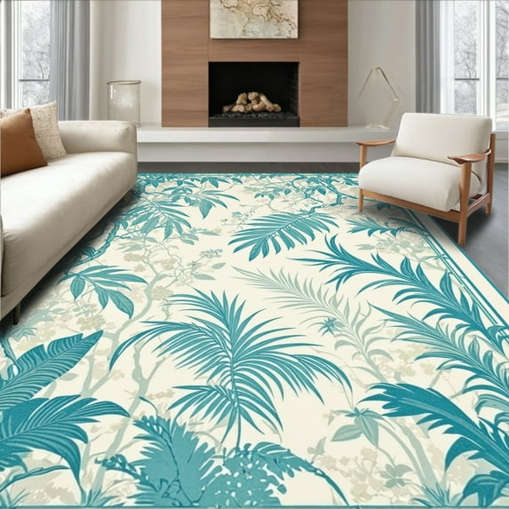 ODIKA 6'x9' Machine Washable Non-Slip Area Rug, Tropical Leaf Medley with Flowing Botanical Vines Motif High Traffic Rug, Teal, 199369