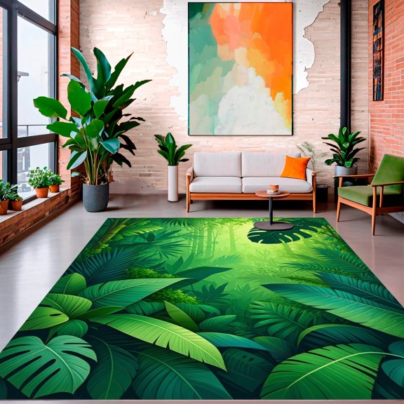 Flatwoven High Traffic Area Rug, Tropical Leaf Medley with Vivid Rainforest Foliage Design, Non Slip, Stain Resistant, Washable Area Rugs for Living Room, Bedroom(Green, 4X6)