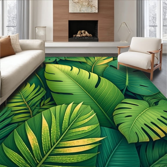 Flatwoven High Traffic Area Rug, Tropical Monstera Leaf Canopy, Non Slip, Stain Resistant, Washable Area Rugs for Living Room, Bedroom(Lime, 2X3)
