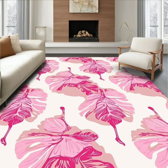 ODIKA 5'x7' Machine Washable Non-Slip Area Rug, Tropical Monstera Leaf Hand Tufted Decorative Floor Accent High Traffic Rug, Pink, 237272