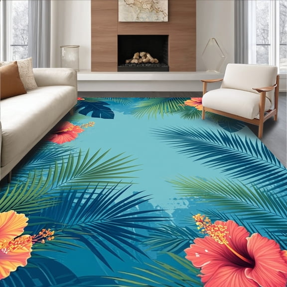 ODIKA 2'x3' Machine Washable Non-Slip Area Rug, Tropical Oasis Floral with Vivid Botanical Design High Traffic Rug, Blue, 63816