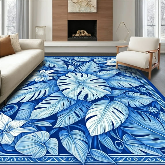 ODIKA 6'x9' Machine Washable Non-Slip Area Rug, Tropical Oasis Leaf Medallion High Traffic Rug, Blue, 199232