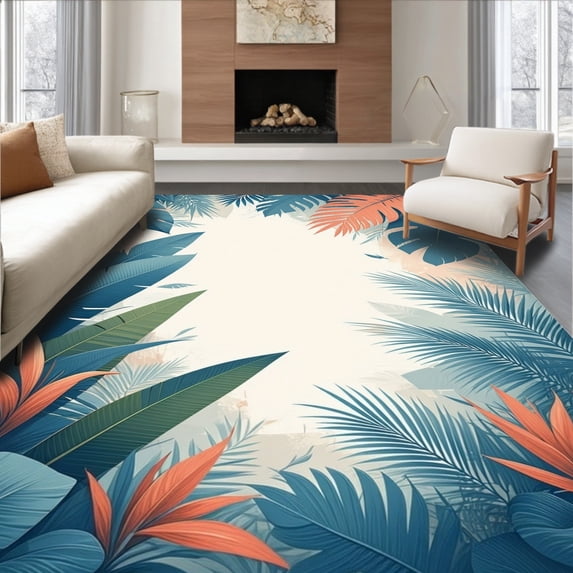ODIKA 8'x10' Machine Washable Non-Slip Area Rug, Tropical Oasis Weather Resistant Decorative with Blooming Foliage High Traffic Rug, Blue, 66671