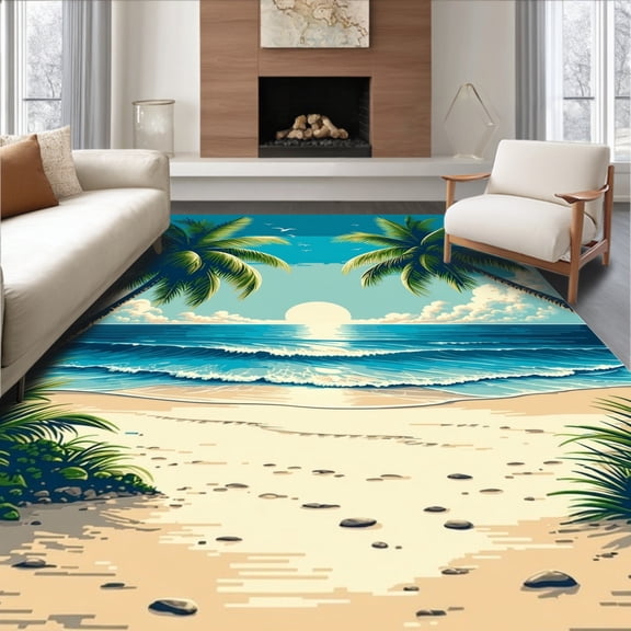 ODIKA 4'x6' Machine Washable Non-Slip Area Rug, Tropical Palm Tree Beachy Ocean Theme Blue High Traffic Rug, Blue, 79804