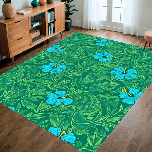 Flatwoven High Traffic Area Rug, Tropical Paradise Botanical Foliage Verdant Jungle Escape, Non Slip, Stain Resistant, Washable Area Rugs for Living Room, Bedroom(Green, 4X6)