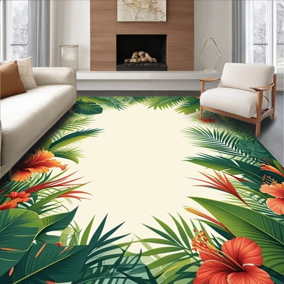 ODIKA 6'x9' Machine Washable Non-Slip Area Rug, Tropical Rainforest Patio High Traffic Rug, Green, 62327