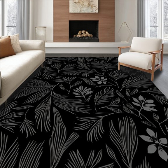 Flatwoven High Traffic Area Rug, Tropical Rainforest Silhouette, Non Slip, Stain Resistant, Washable Area Rugs for Living Room, Bedroom(Black, 4X6)
