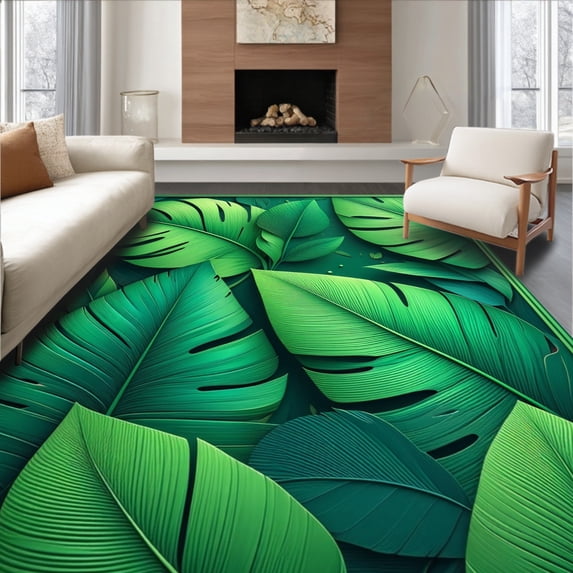 ODIKA 6'x9' Machine Washable Non-Slip Area Rug, Tropical Verve Chic Monstera Leaf Bath Green Boho Accent High Traffic Rug, Green, 94542