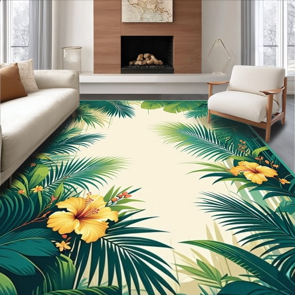 Flatwoven High Traffic Area Rug, Tropical Viridian Modulation With Grand Girly Floral Vantage, Non Slip, Stain Resistant, Washable Area Rugs for Living Room, Bedroom(Green, 2X3)