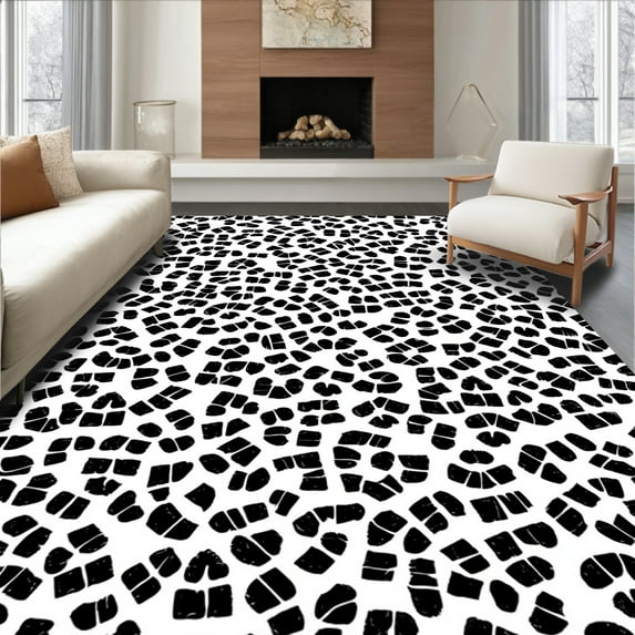 ODIKA 3'x5' Machine Washable Non-Slip Area Rug, Tuxedo Speckle Spotted Motif High Traffic Rug, Black, 299202
