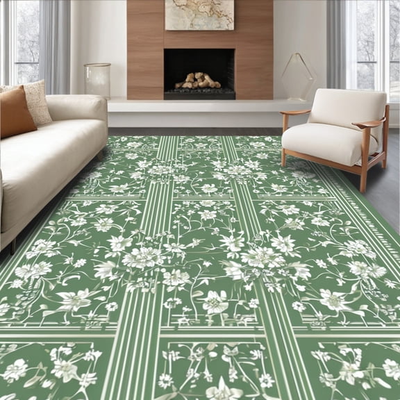 Flatwoven High Traffic Area Rug, Ultra Bow Accent Area with Delicate Green Floral, Non Slip, Stain Resistant, Washable Area Rugs for Living Room, Bedroom(Green, 4X6)
