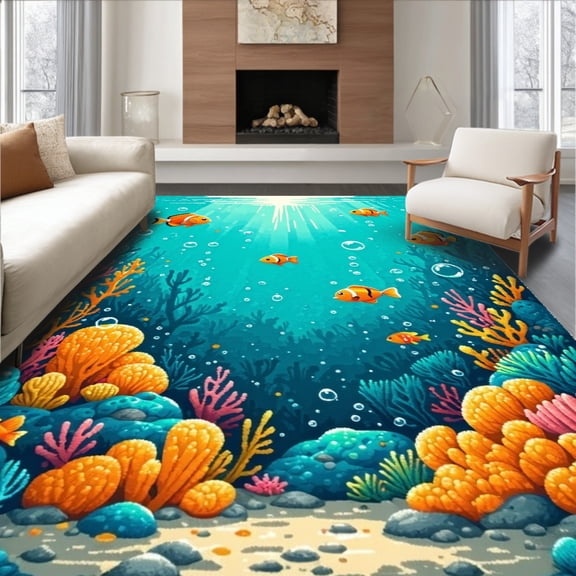ODIKA 5'x7' Machine Washable Non-Slip Area Rug, Undersea Dreamscape High Traffic Rug, Blue, 91262
