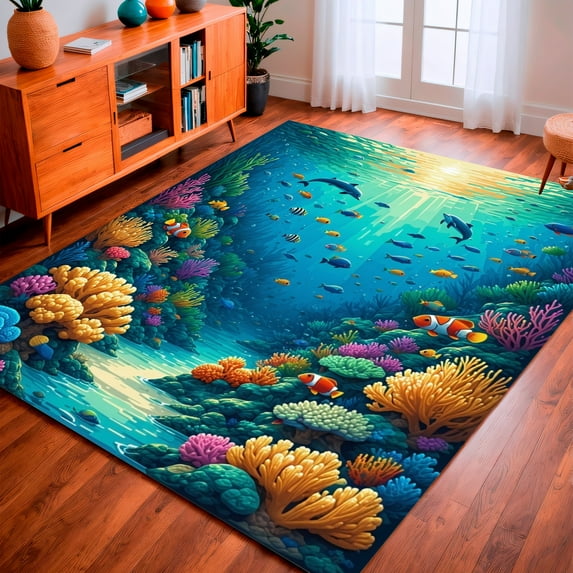 ODIKA 8'x10' Machine Washable Non-Slip Area Rug, Undersea Wonders Life Design High Traffic Rug, Aqua, 140516