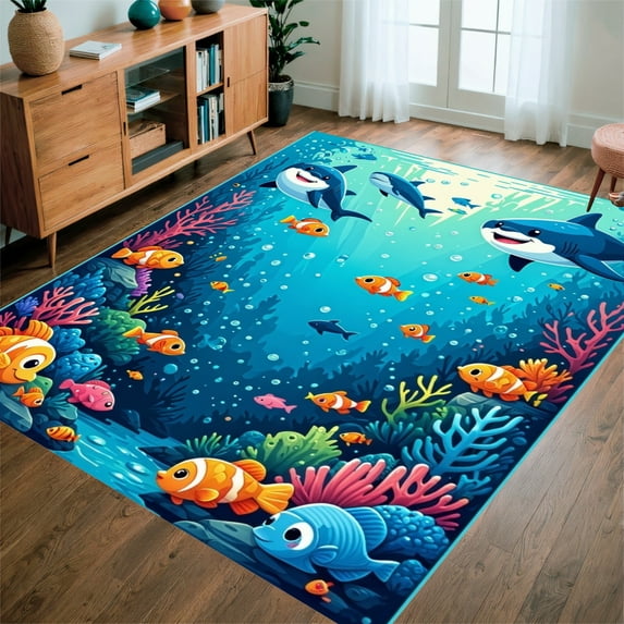 ODIKA 5'x7' Machine Washable Non-Slip Area Rug, Underwater Adventure Marine Life High Traffic Rug, Blue, 282589