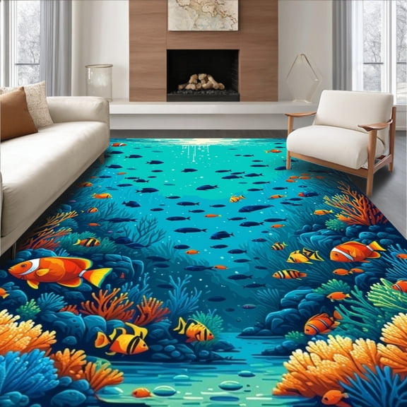 Flatwoven High Traffic Area Rug, Underwater Paradise Tropical Fish Decorative Hand Tufted Accent, Non Slip, Stain Resistant, Washable Area Rugs for Living Room, Bedroom(Blue, 4X6)