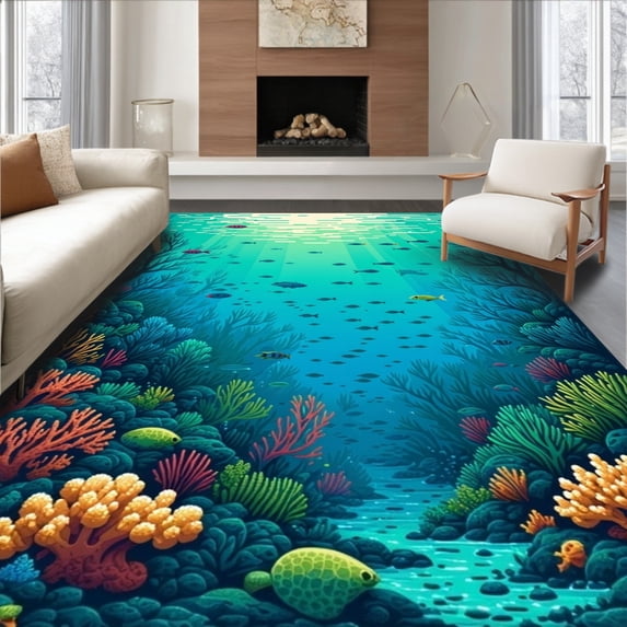 ODIKA 8'x10' Machine Washable Non-Slip Area Rug, Underwater Reef Abstract Coral and Oceanic Design High Traffic Rug, Blue, 196761
