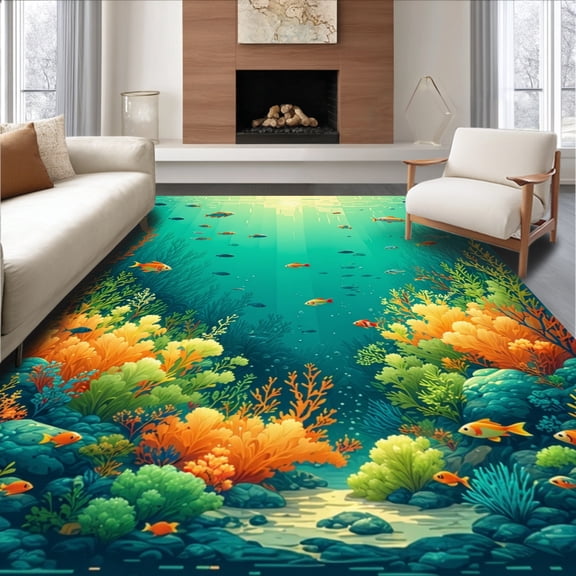 ODIKA 8'x10' Machine Washable Non-Slip Area Rug, Underwater Sea Life Featuring Playful Fish and Seaweed High Traffic Rug, Teal, 140507