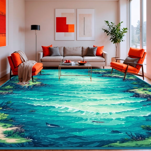 ODIKA 8'x10' Machine Washable Non-Slip Area Rug, Underwater Treasure Map Hidden Gems Decorative High Traffic Rug, Teal, 164453