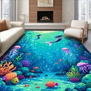 ODIKA 5x7 Machine Washable Non-Slip Area Rug, Underwater World Playful Mermaids and Marine Life Circle High Traffic Rug, Blue, 87373