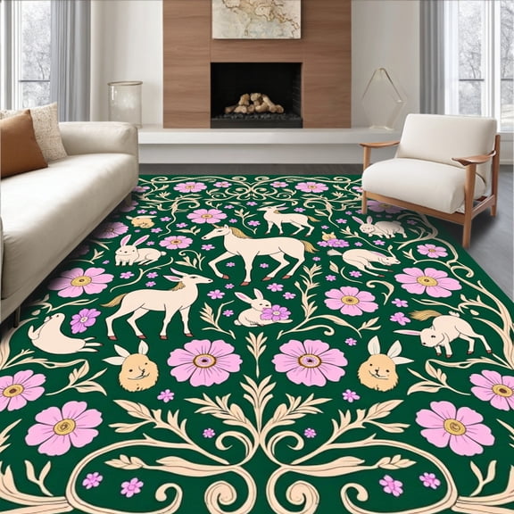 ODIKA 4'x6' Machine Washable Non-Slip Area Rug, Unicorn Blossom Meadow with Whimsical Floral and Playful Creatures Motif High Traffic Rug, Green, 284732