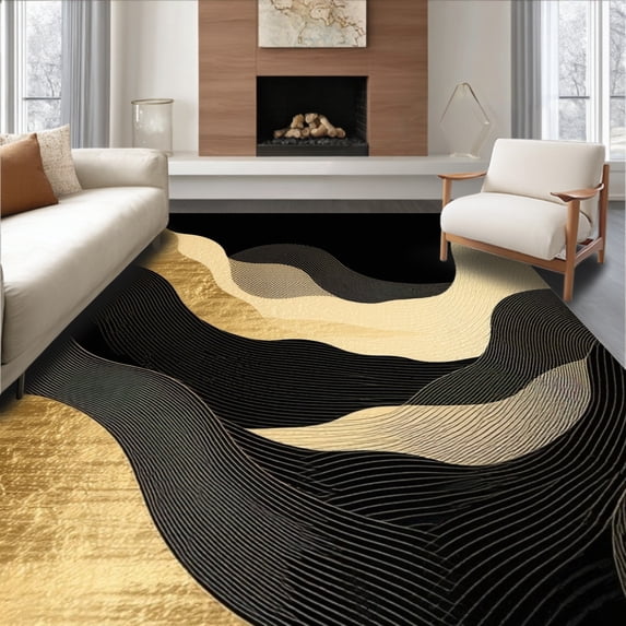 ODIKA 2'x3' Machine Washable Non-Slip Area Rug, Unique Black Gold Abstract with Artistic Flowing Lines Design High Traffic Rug, Black, 84799