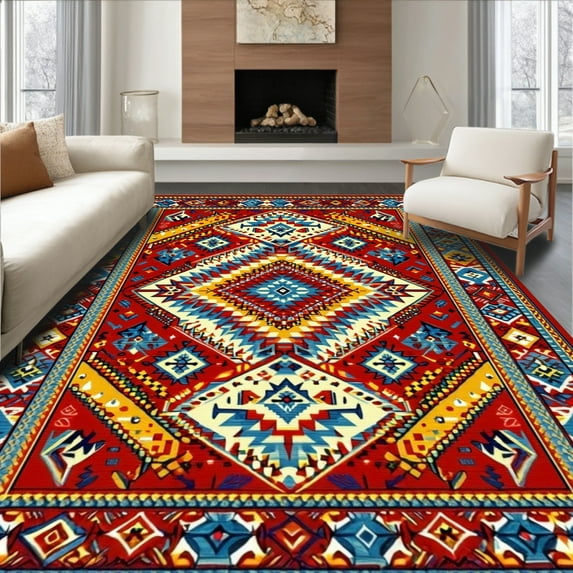 ODIKA 3'x5' Machine Washable Non-Slip Area Rug, Unique Bright Geometric Arrangement High Traffic Rug, Red, 20573