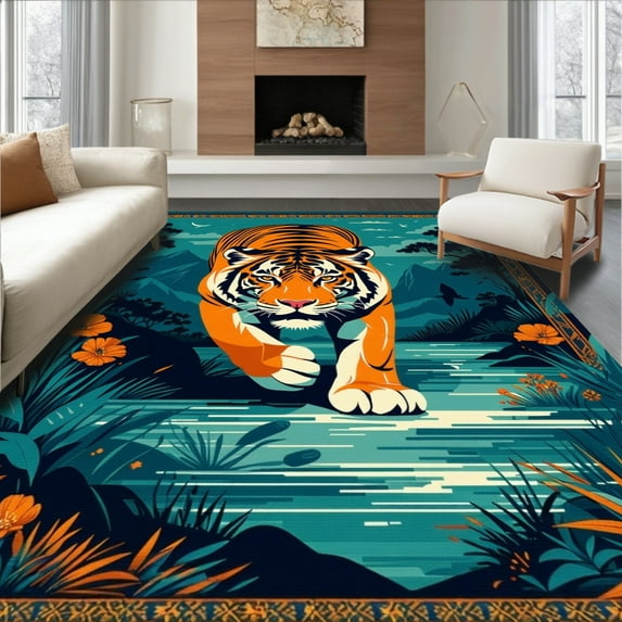 ODIKA 4'x6' Machine Washable Non-Slip Area Rug, Unique Colorful Jungle Inspired High Traffic Rug, Orange, 30203