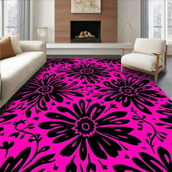 Flatwoven High Traffic Area Rug, Unique Fusion of Abstract Animal Spots and Ornate Floral, Non Slip, Stain Resistant, Washable Area Rugs for Living Room, Bedroom(Pink, 5X7)