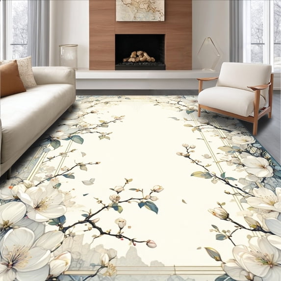 ODIKA 2'x3' Machine Washable Non-Slip Area Rug, Untethered Blossom Configuration High Traffic Rug, Ivory, 176388