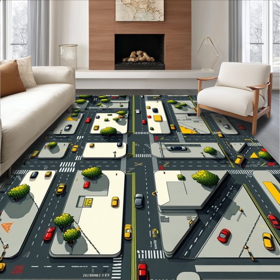 ODIKA 8'x10' Machine Washable Non-Slip Area Rug, Urban Cityscape Geometric Grid Abstract Lines High Traffic Rug, Gray, 165889