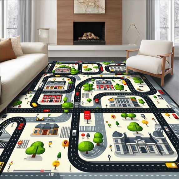 ODIKA 4'x6' Machine Washable Non-Slip Area Rug, Urban Cityscape Play High Traffic Rug, Black, 28946