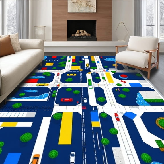 ODIKA 5'x7' Machine Washable Non-Slip Area Rug, Urban Explorer Interactive Road Map Traffic Play High Traffic Rug, Blue, 84364