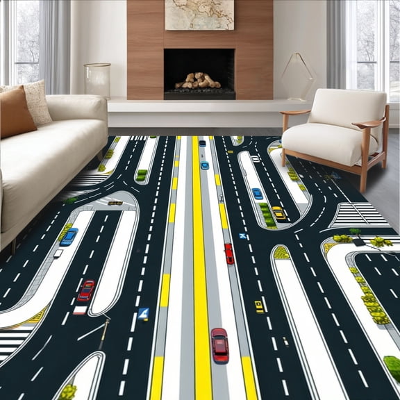 Flatwoven High Traffic Area Rug, Urban Freeway Grid Runner with Intersecting Roads and Pedestrian Crossings, Non Slip, Stain Resistant, Washable Area Rugs for Living Room, Bedroom(Gray, 2X3)